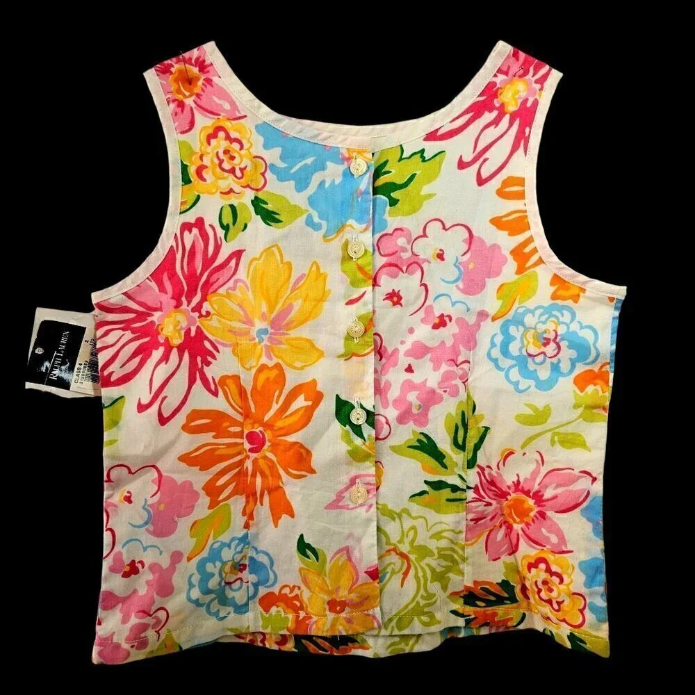 Ralph Lauren Little Girl Floral Sleeveless Cotton Top Sz 4 Pearl Btns Multi NWT